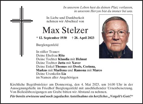 Traueranzeigen Von Max Stelzer Mittelbayerische Trauer