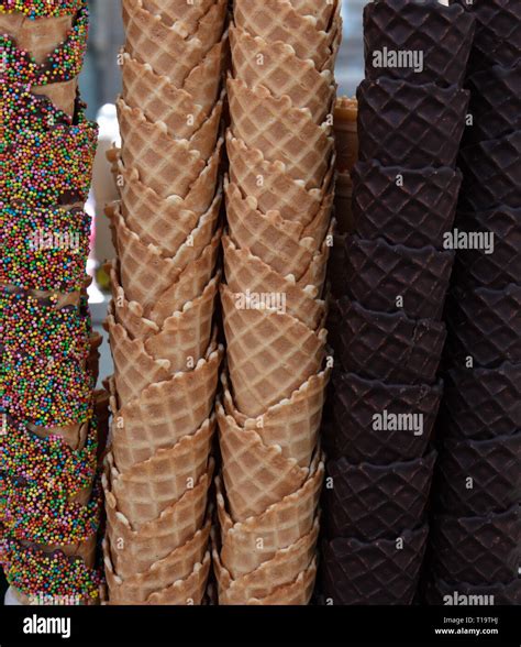 Group Of Different Coated Ice Cream Cones Seen In Central London Uk In