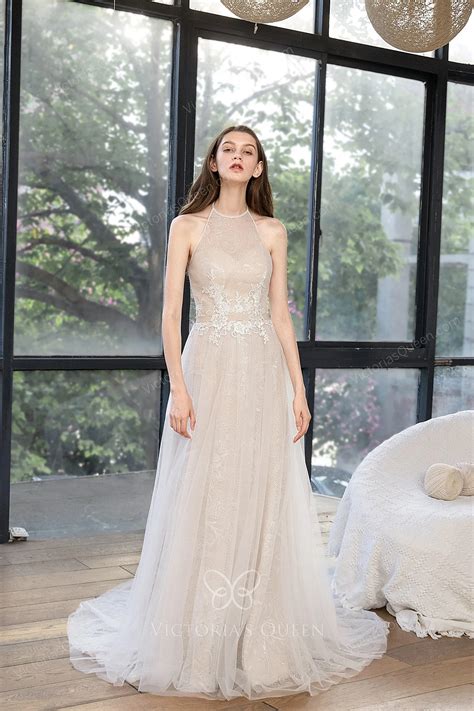 Halter A Line Backless Shiny Sequin Lace Tulle Bridal Dress Vq