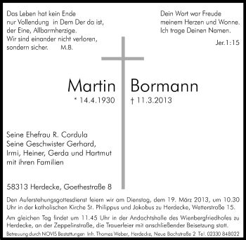 Traueranzeigen Von Martin Bormann Trauer In Nrw De