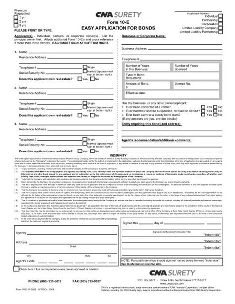 Form E Easy Application For Bonds Cna Surety