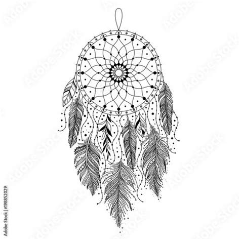 A Black And White Drawing Of A Dream Catcher With Feathers On Its Side