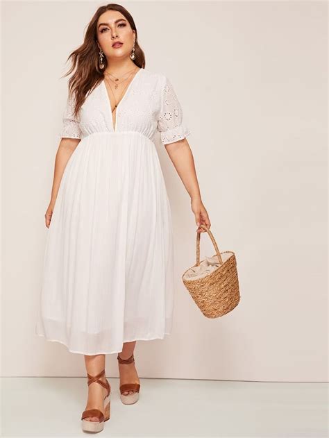 SHEIN Plus Plunge Neck Eyelet Embroidered Bodice Smock Dress