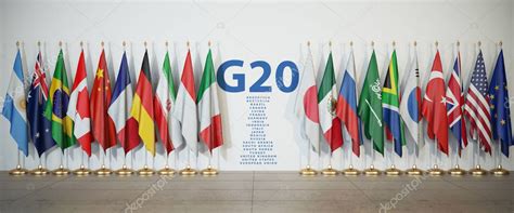 Cumbre Del G20 O Concepto De Reunión Fila De Banderas De Miembros Del Grupo De Los Veinte Del