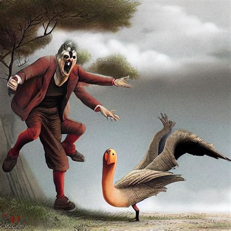 KREA AI A Horror Art Of Goose Chasing A Man Very Scary Go