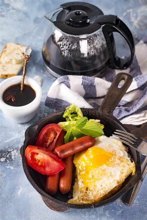 Homemade Delicious American Breakfast With Fried Egg Toast Sausage