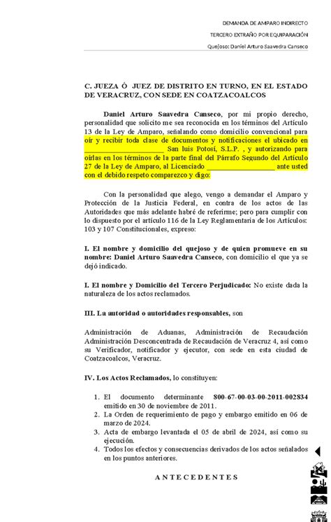 Demanda Contra BLOQUEO De Cuentas Bancarias SAT DEMANDA DE AMPARO