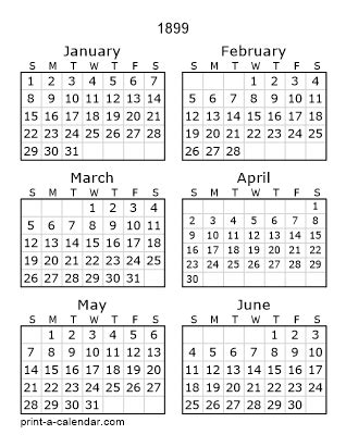 Download 1899 Printable Calendars