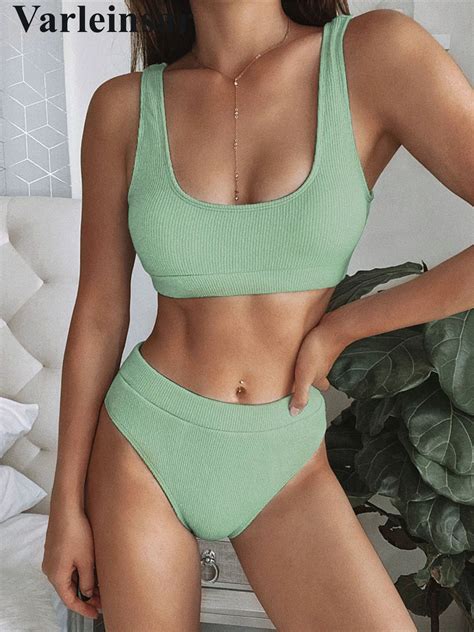 Two Pieces Bikini Set High Waist Bikini Ribbed Swimsuit Bathing Suit Swim Wear