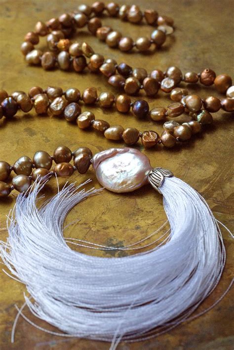 Rose Gold Pearl Mala Beads Beige Bohemian Necklace Large Baroque Pearl