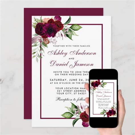 Invitaci N Burgundy Watercolor Boho Boda Floral Zazzle Es