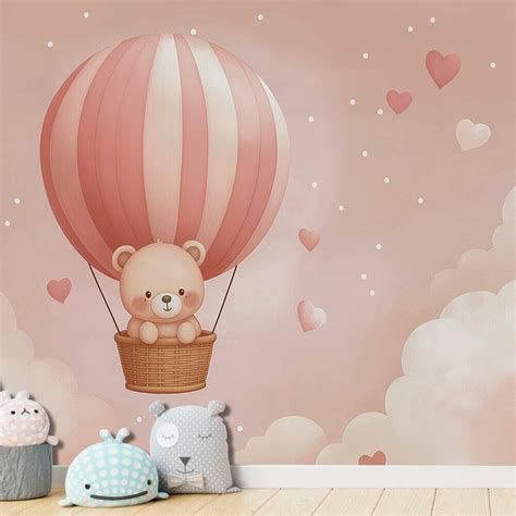 Papel De Parede De Ursinho Feminino - Papel de Parede para Quarto Infantil Ursinho em Balão nas Nuvens 3D ...
