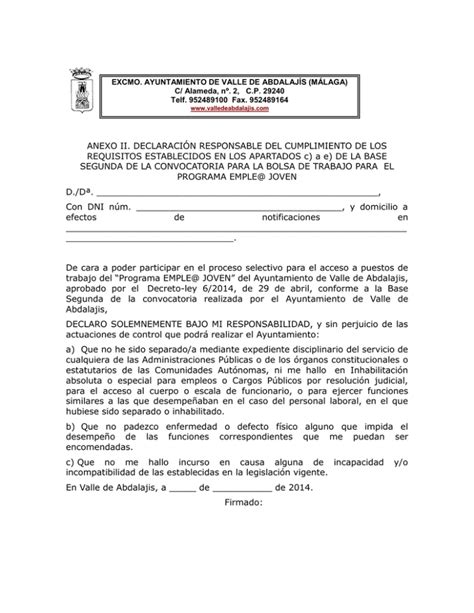 Anexo Ii Declaraci N Responsable Del Cumplimiento