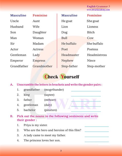 Class 3 English Grammar Chapter 6 Noun Gender For 2024 25 Pdf