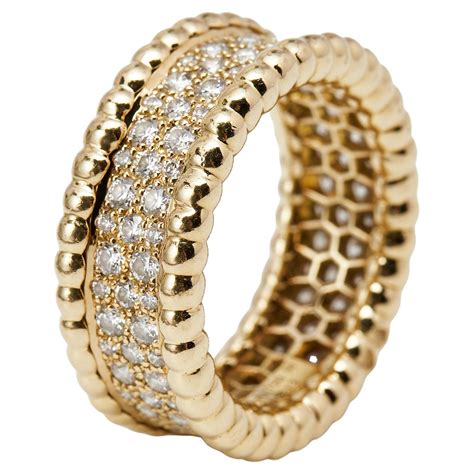 Van Cleef and Arpels Perlée Diamonds 3 Rows 18k Yellow Gold Ring Size