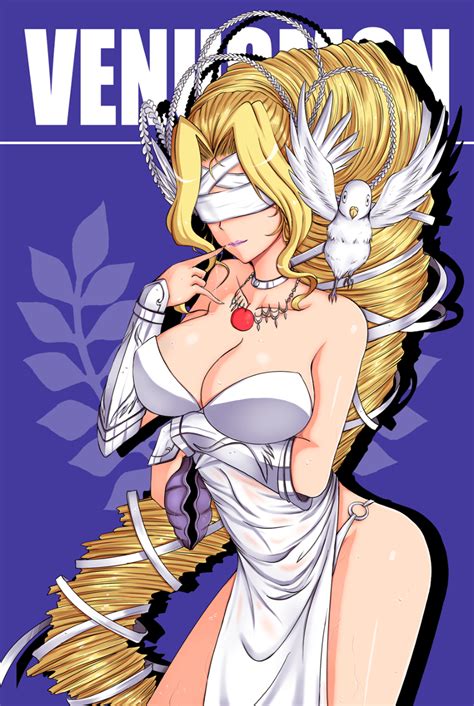 Venusmon Digimon Highres Girl Absurdly Long Hair Bird Blindfold Blonde Hair Breasts