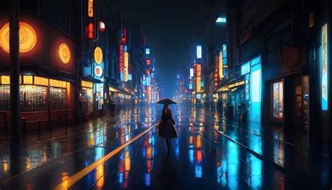 Premium AI Image | A woman walks down a rainy street in tokyo