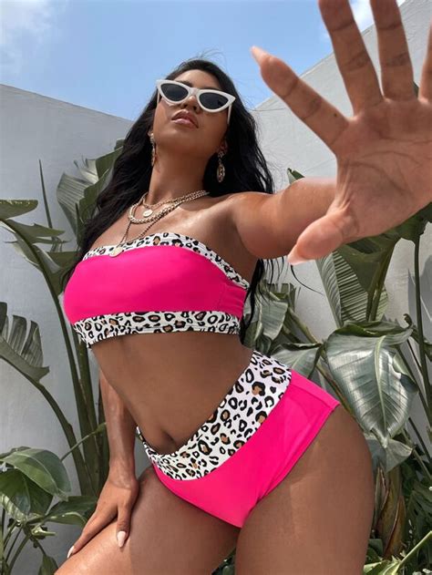 Shein Swim Vcay Plus Leopard Trim Bikini Set Bandeau Top High Waisted