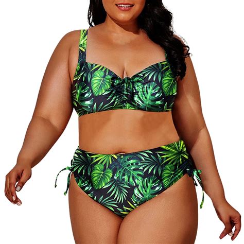 Simu Plus Size Women Ribbed Bikini Set Two Piece High Waist Swimsuit Scoop Top Tummy Control