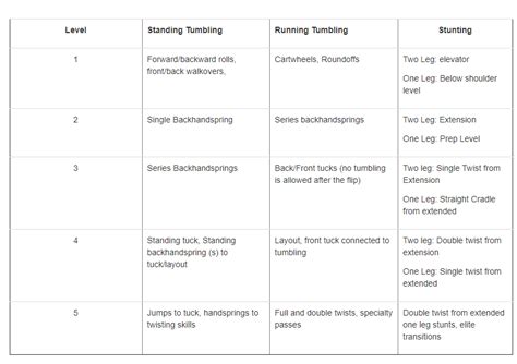 All Star Cheerleading Levels Chart