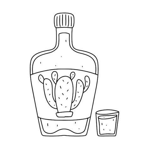 Tequila en botella en estilo garabato dibujado a mano ilustración de