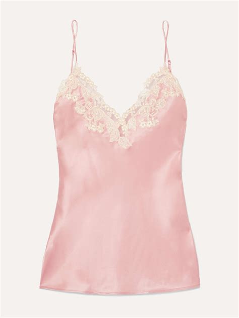 Pink Maison Embroidered Lace Trimmed Silk Blend Satin Camisole La