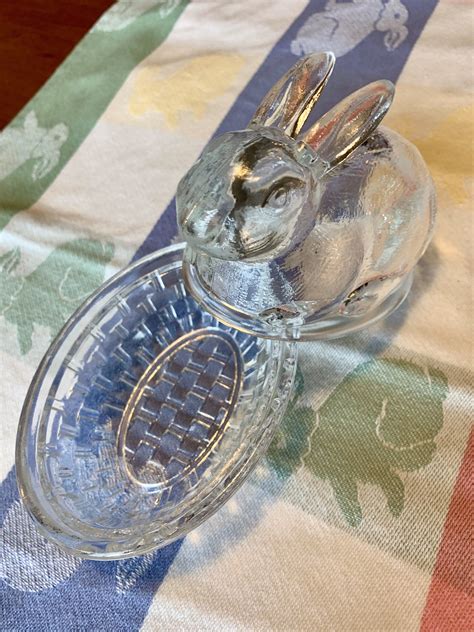 Vintage Clear Glass Rabbit On Nest Basket Weave Easter Bunny Etsy Glass Rabbit Basket