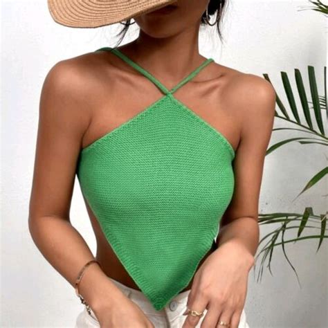 Green Tie Back Crop Halter Open Back Knit Top One Size Xs S M L