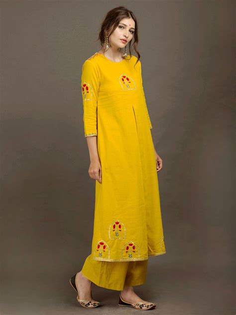 Yellow Khadi Embroidered Kurta Clothes For Women Embroidery Suits