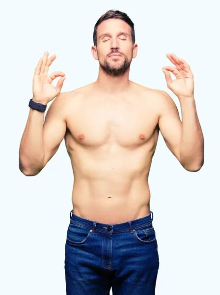 Handsome Shirtless Man Showing Nude Chest Excited Success Arms Raised Stock Photo By