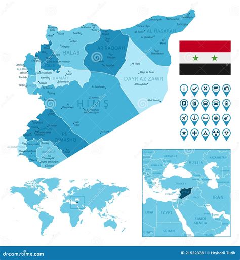 Syria Detailed Administrative Blue Map With Country Flag And Location