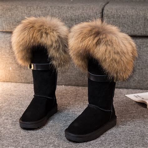 Luxury Womens Fox Fur Boots Fluffy Tall Suede Winter Boots