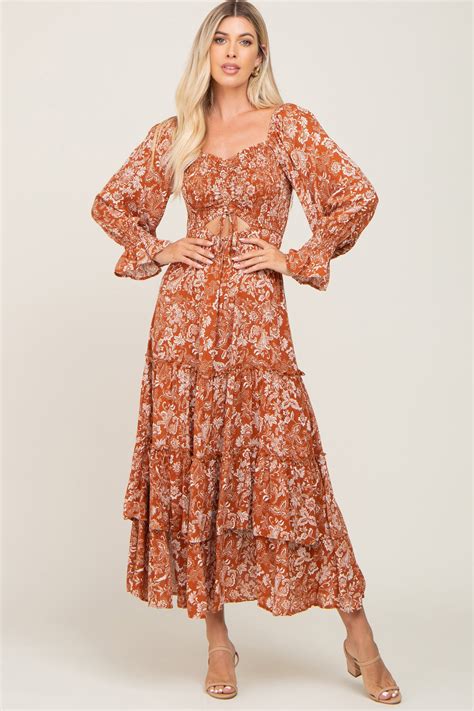 Rust Floral Cutout Smocked Tiered Maxi Dress Pinkblush