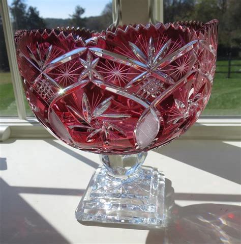 Large Cranberry Cut To Clear Lead Crystal Footed Bowl Pedestal Centerpiece Glass Ebay