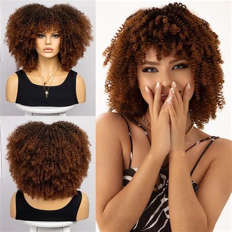 Peruca Curta Afro Kinky Curly Franja Para Mulheres Negras Sint Tico