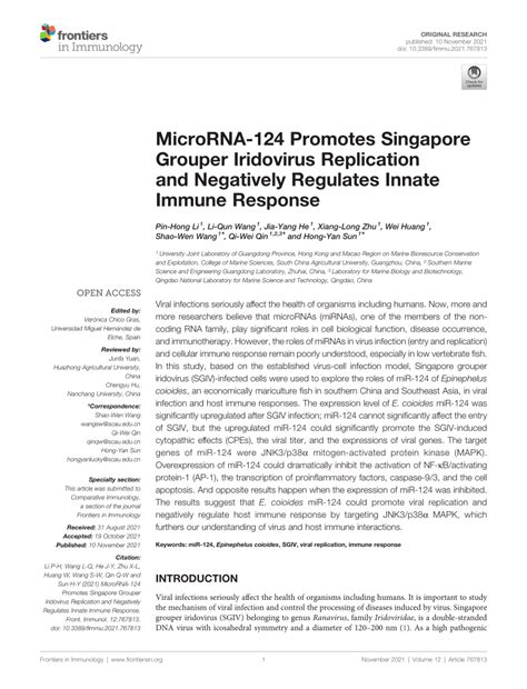 PDF MicroRNA 124 Promotes Singapore Grouper Iridovirus Replication