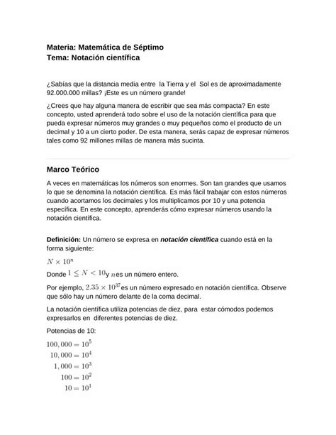 PDF Materia Matemática de Séptimo Tema Notación científica Notacion