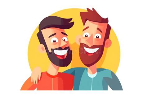 Funny Cheerful Gay Couple Cartoon Characters Illustration Laughing Smiling Looking To Camera