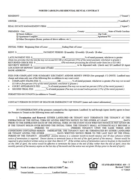 Free North Carolina Standard Residential Lease Agreement Pdf Word