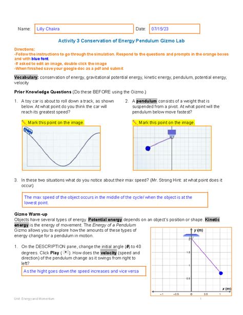Gizmo Energy Of A Pendulum Answers 1