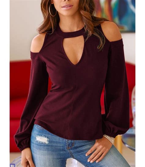 Cold Shoulder Keyhole Neck Plain Top