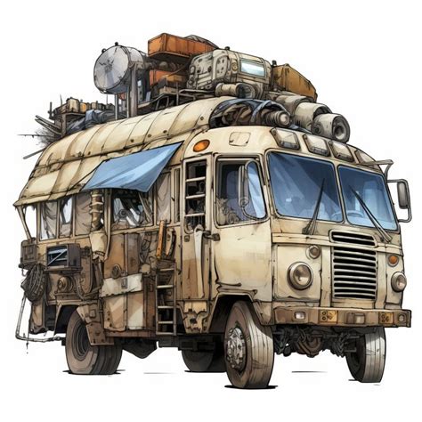 Post Apocalyptic Truck With Rooftop Bags Detailed Character Design