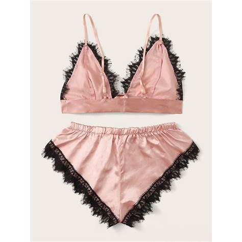 Sexy Smooth Satin Spaghetti Straps Bralette And Panties Lace Trim Sleepwear Lingerie N