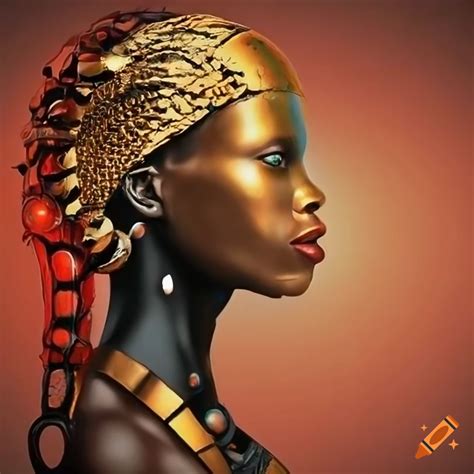 Surreal Abstract Artwork Of A Red Gold And Black Cyborg African Tribe