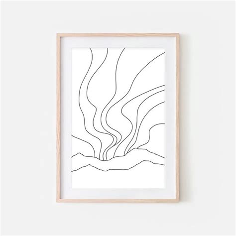 Northern Lights Over Mountains - Minimalist Line Art - Black & White ...