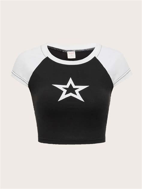 Romwe Star Print Raglan Sleeve Tee Shein Usa In 2023 Raglan Sleeve