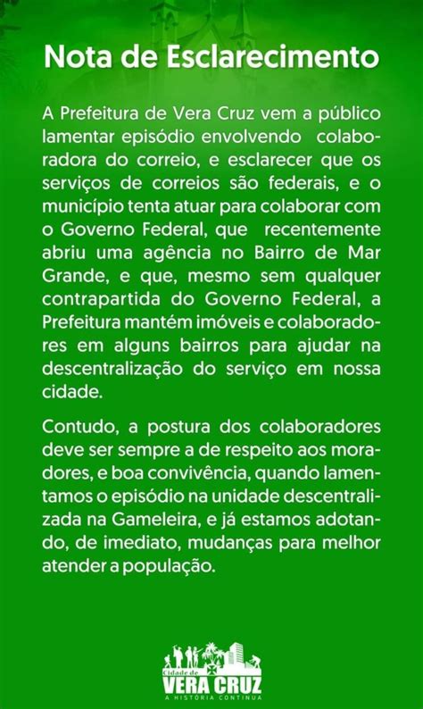 Prefeitura De Vera Cruz Emite Nota Esclarecedora Sobre Colaboradora Do