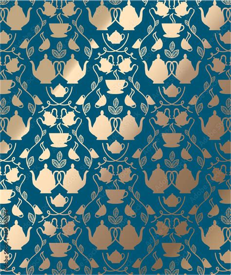 Tea Pattern Background Teapot And Cup Seamless Blue And Gold Ornament