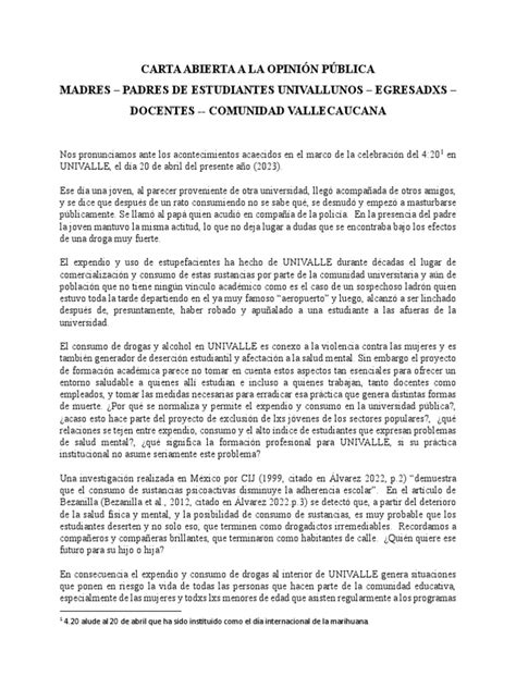 Carta Abierta a La Opinión Pública.sobre El 4.20 en Univalle-Abril-2023 ... 