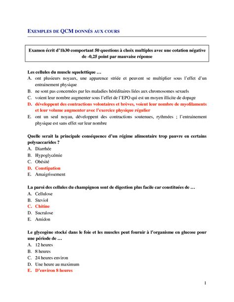 Examen 2016 questions et réponses EXEMPLES DE QCM AUX COURS Examen